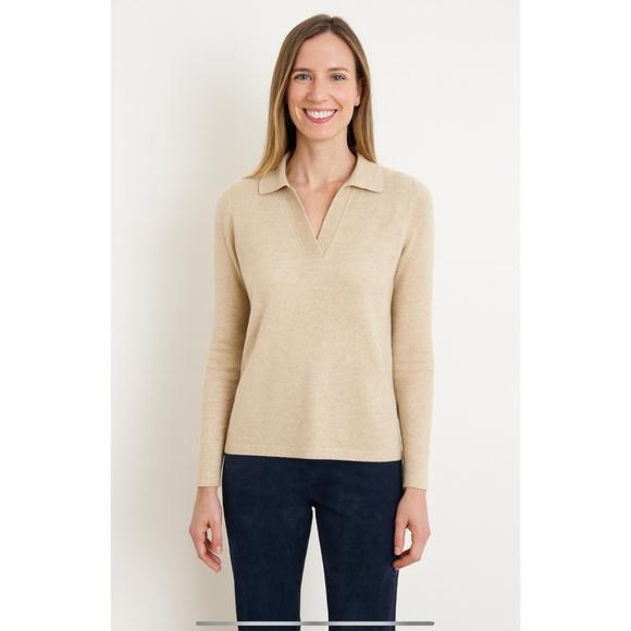 J MCLAUGHLIN ALYCE CASHMERE SWEATER V NECK POLO COLLAR RIBBED CUFFS NEUTRAL S - Picture 1 of 12